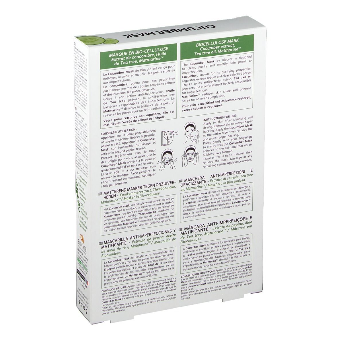Dos de la boîte Biocyte Cucumber Mask®. Texte multilingue. Nom du produit, tranches de concombre et logo. 4 x 10 g.