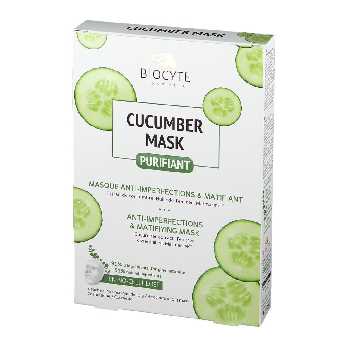 Boîte Biocyte Cucumber Mask®. Vue de face. Nom du produit, tranches de concombre et logo. Texte : Masque anti-imperfections & matifiant. 4 masques.