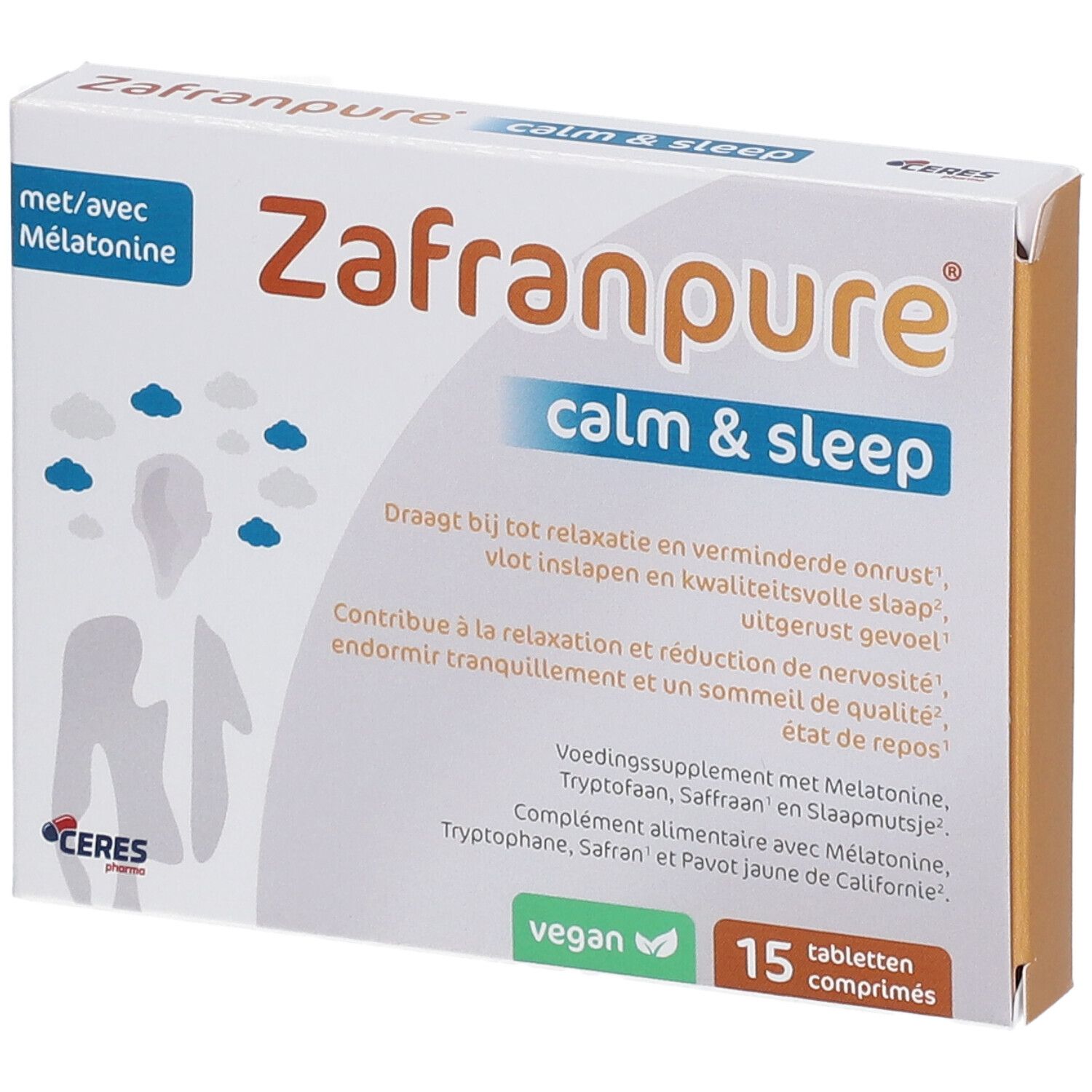 Boîte Zafranpure Calm & Sleep, 15 comprimés. Contient de la mélatonine. Label vegan.
