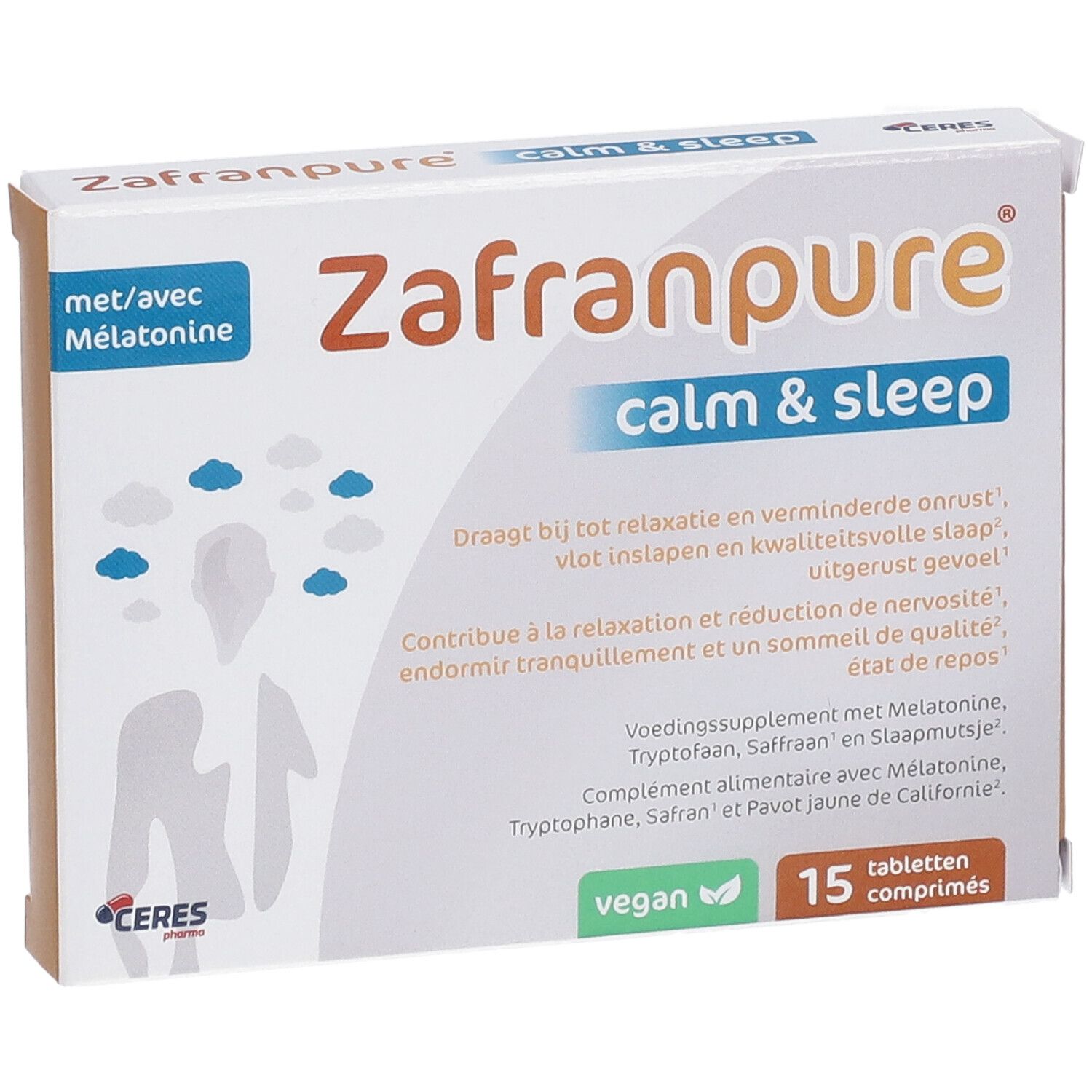Boîte Zafranpure Calm & Sleep, 15 comprimés. Contient de la mélatonine. Label vegan.