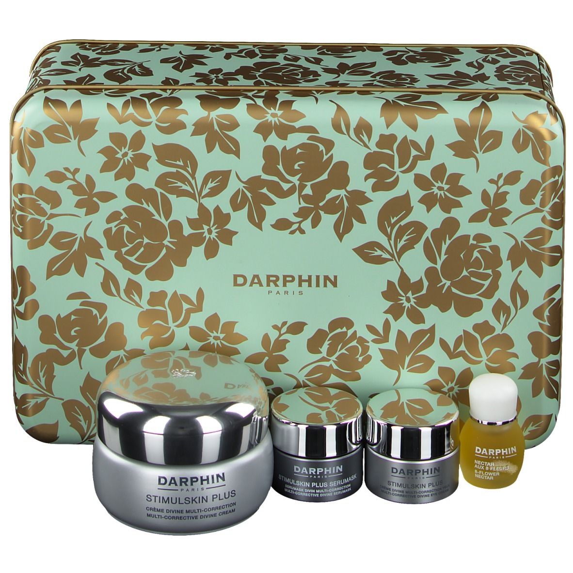 Coffret cadeau avec boîte et crèmes. Boîte turquoise à fleurs dorées. Crèmes avec couvercles argentés. Inscription : DARPHIN, STIMULSKIN PLUS.