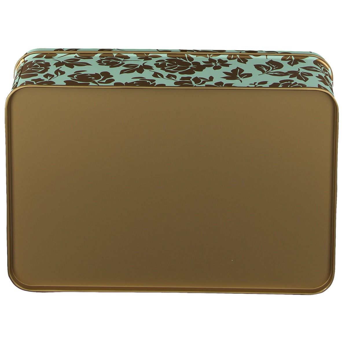 Boîte rectangulaire, dorée avec couvercle turquoise. Couvercle à motifs floraux bruns. Côtés dorés.