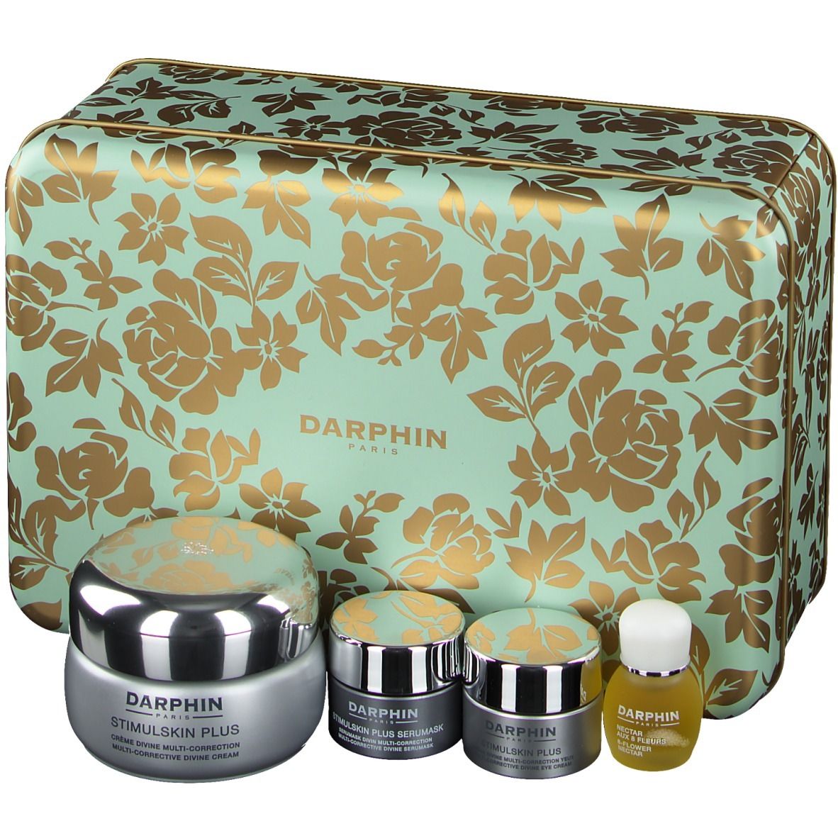 Coffret cadeau avec boîte et crèmes. Boîte turquoise à fleurs dorées. Crèmes avec couvercles argentés. Inscription : DARPHIN, STIMULSKIN PLUS.