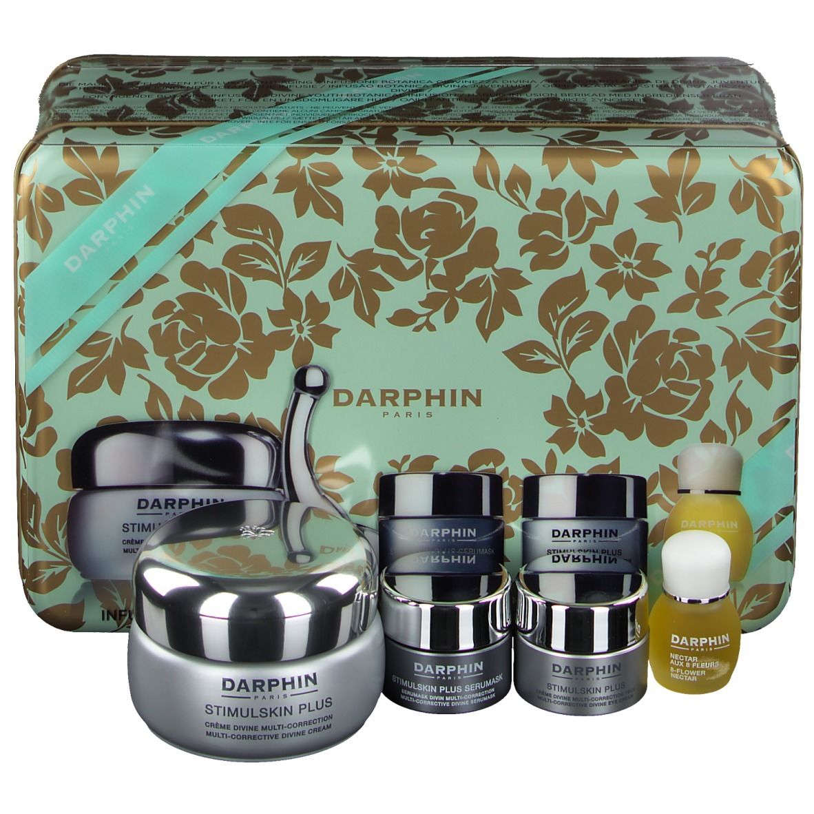 Coffret cadeau avec boîte et crèmes. Boîte turquoise à fleurs dorées. Crèmes avec couvercles argentés. Appareil supplémentaire.
