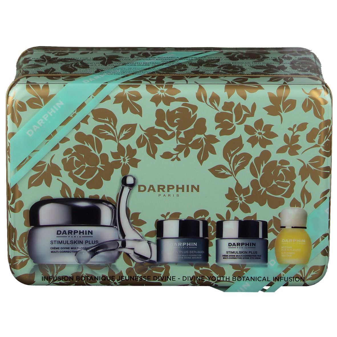 Coffret cadeau avec boîte et crèmes. Boîte turquoise à fleurs dorées. Crèmes avec couvercles argentés. Appareil supplémentaire.