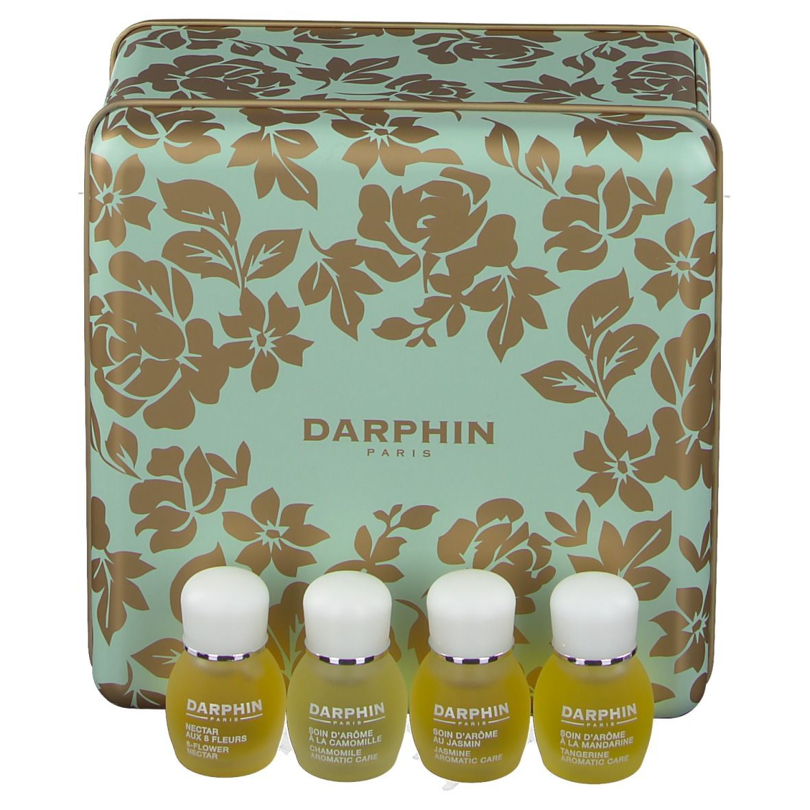 Geschenkdoos met vier kleine flesjes. De doos is mintgroen met gouden bloemmotieven. "DARPHIN PARIS" staat op de doos.