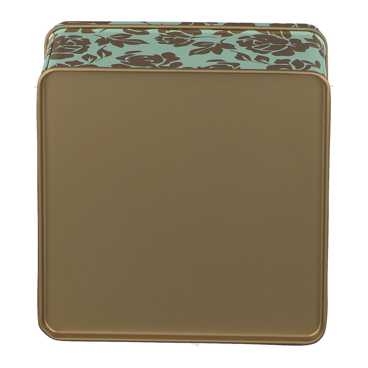 Bovenaanzicht van de geschenkdoos. Mintgroen met gouden bloemmotieven en een gouden rand.