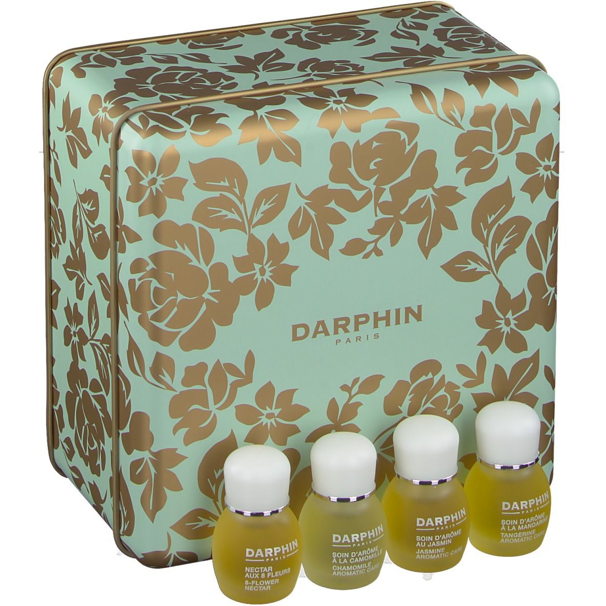 Geschenkdoos met vier kleine flesjes. De doos is mintgroen met gouden bloemmotieven. "DARPHIN PARIS" staat erop.