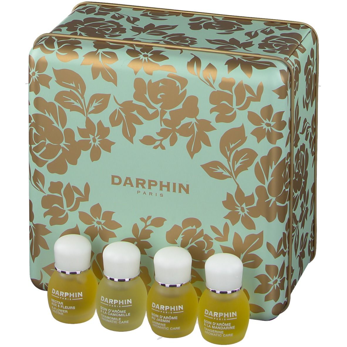 Geschenkdoos met vier kleine flesjes. De doos is mintgroen met gouden bloemmotieven. "DARPHIN PARIS" staat erop.