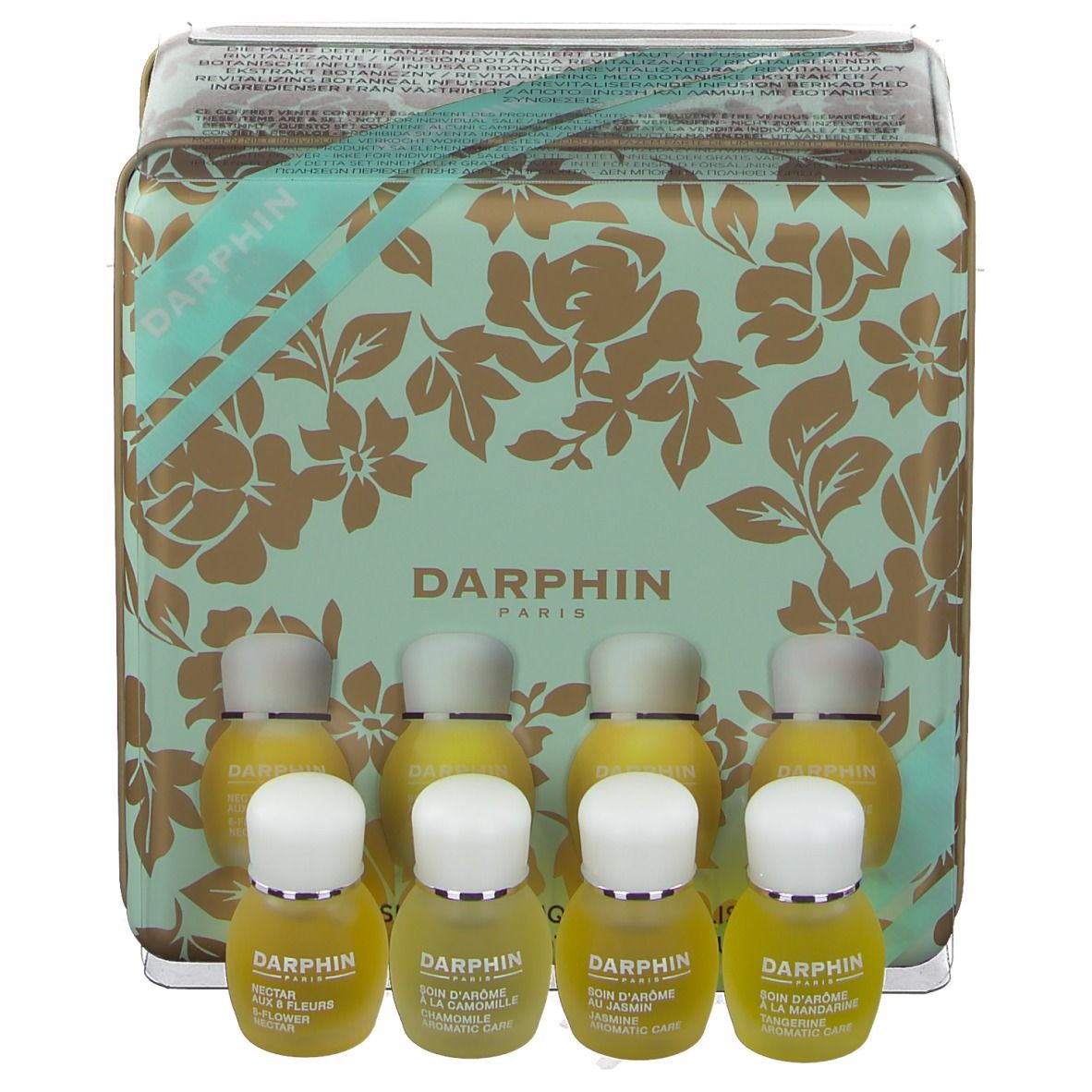 Geschenkdoos met acht kleine flesjes. De doos is mintgroen met gouden bloemmotieven. "DARPHIN PARIS" staat erop.