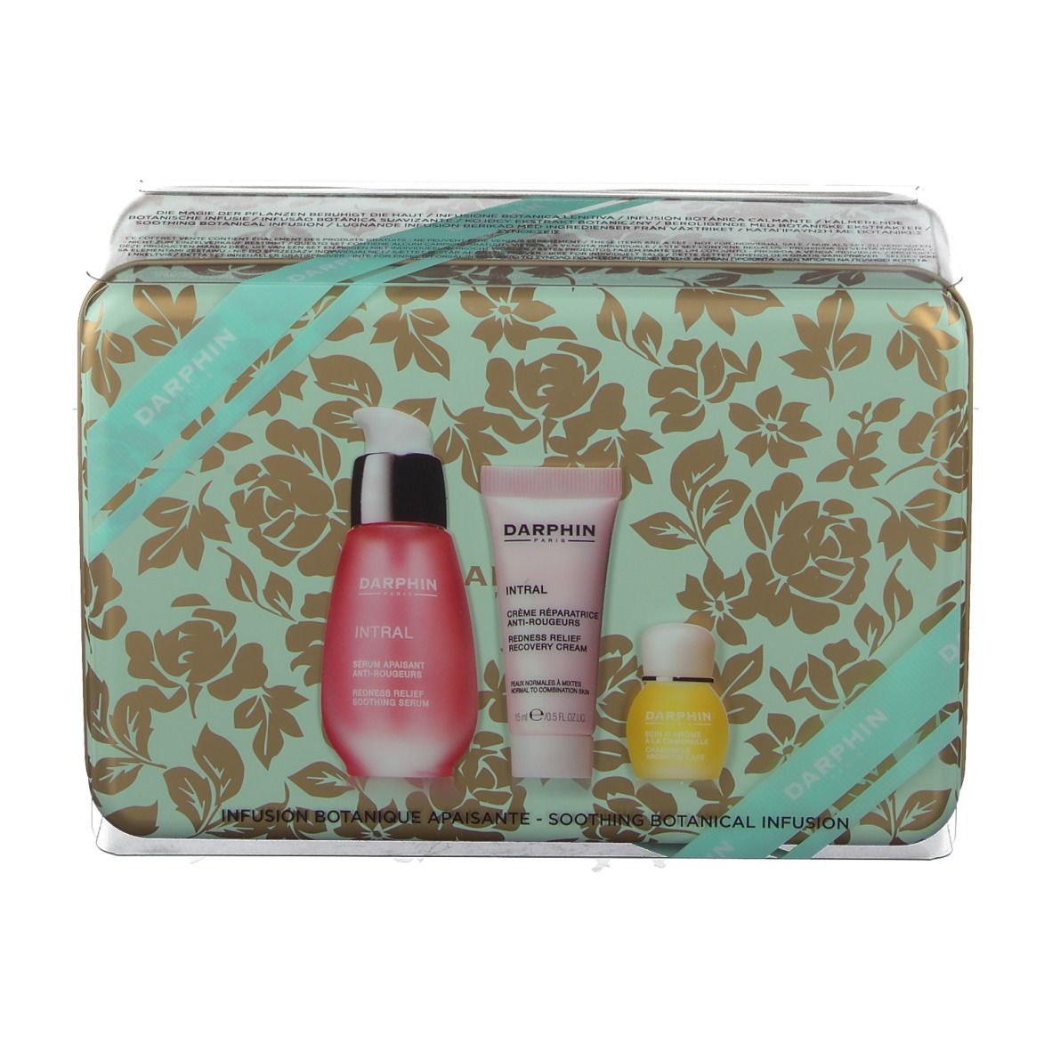 Coffret cadeau floral, contenant sérum, crème et huile. Marque : DARPHIN.