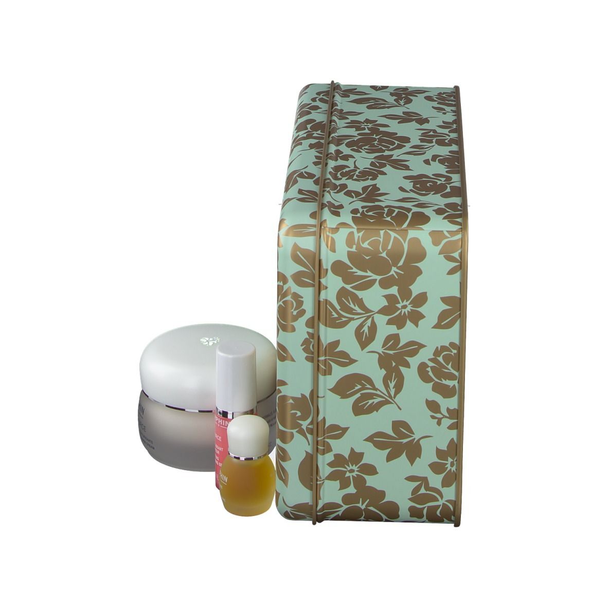 Geschenkdoos met bloemenpatroon en producten. Merk: DARPHIN.