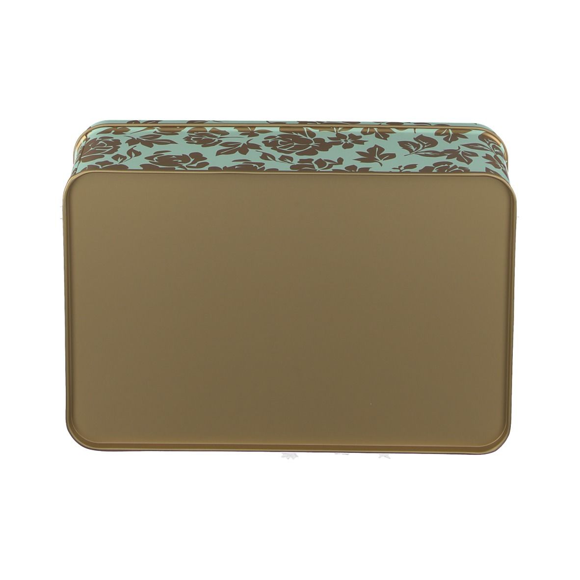 Rechthoekige geschenkdoos met bloemenpatroon. Gouden bodem, turquoise deksel.