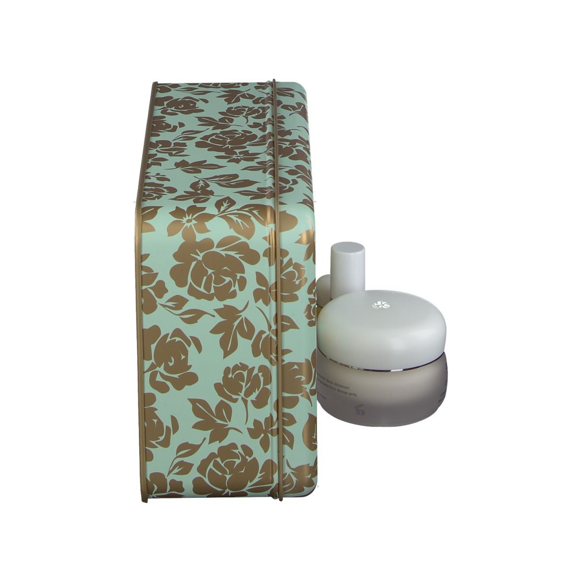 Geschenkdoos met bloemenpatroon en producten. Merk: DARPHIN.