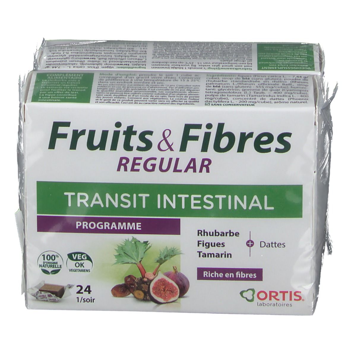 Boîte "Fruits & Fibres Regular" avec 24 cubes. Illustrations de fruits et logo Ortis. "Transit Intestinal".