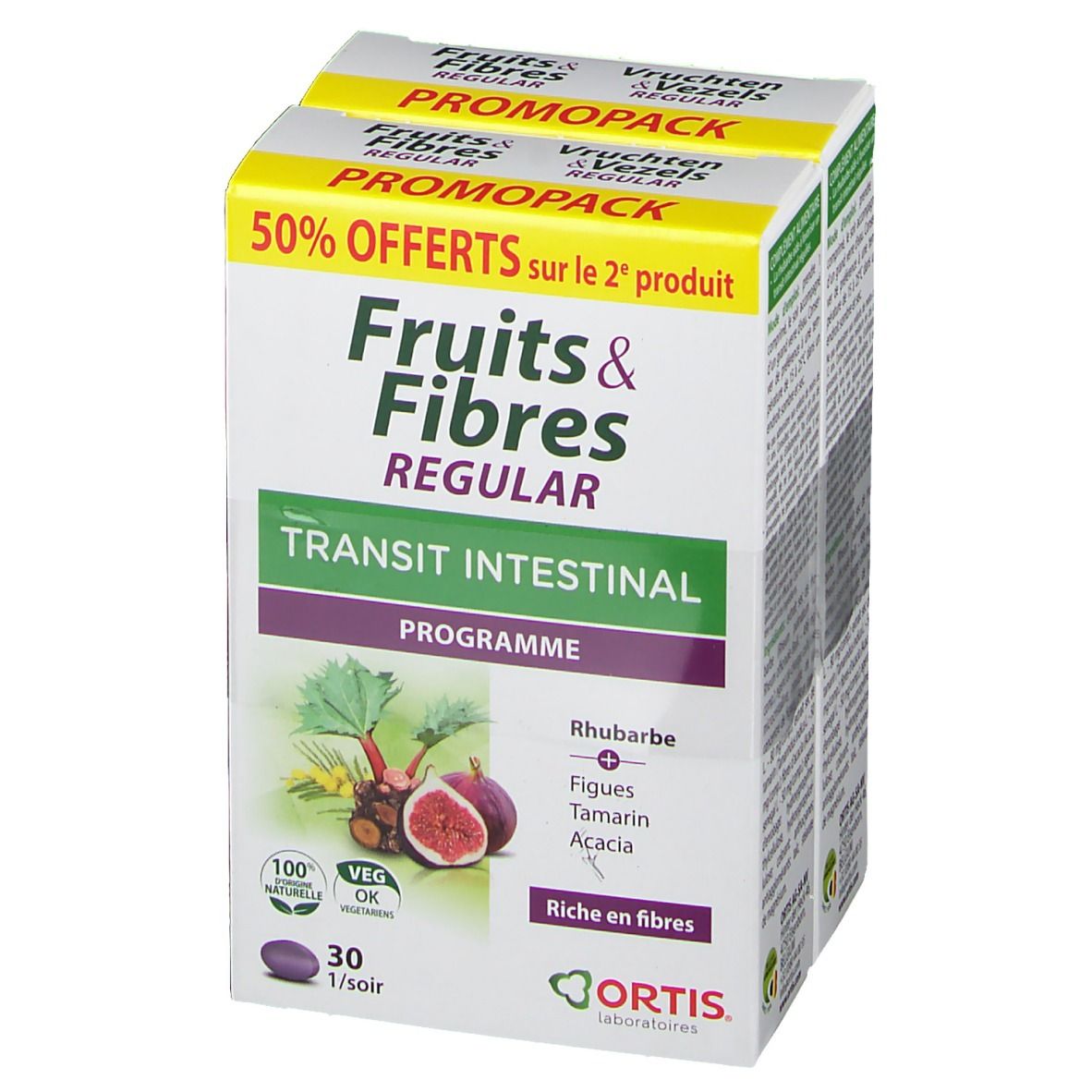 Ortis Fruits & Fibres Regular Promopack met 50% korting op het 2e product. Bevat rabarber, vijgen, tamarinde, acacia. 30 tabletten.