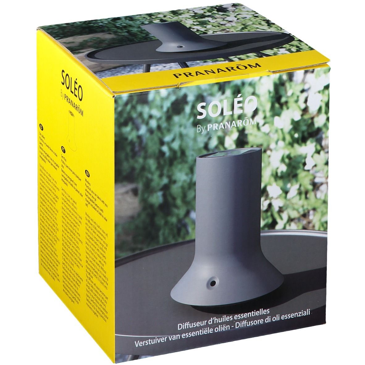 Grijze diffuser in verpakking. Opschrift: SOLEO by PRANAROM. Tekst: Diffuseur d'huiles essentielles.