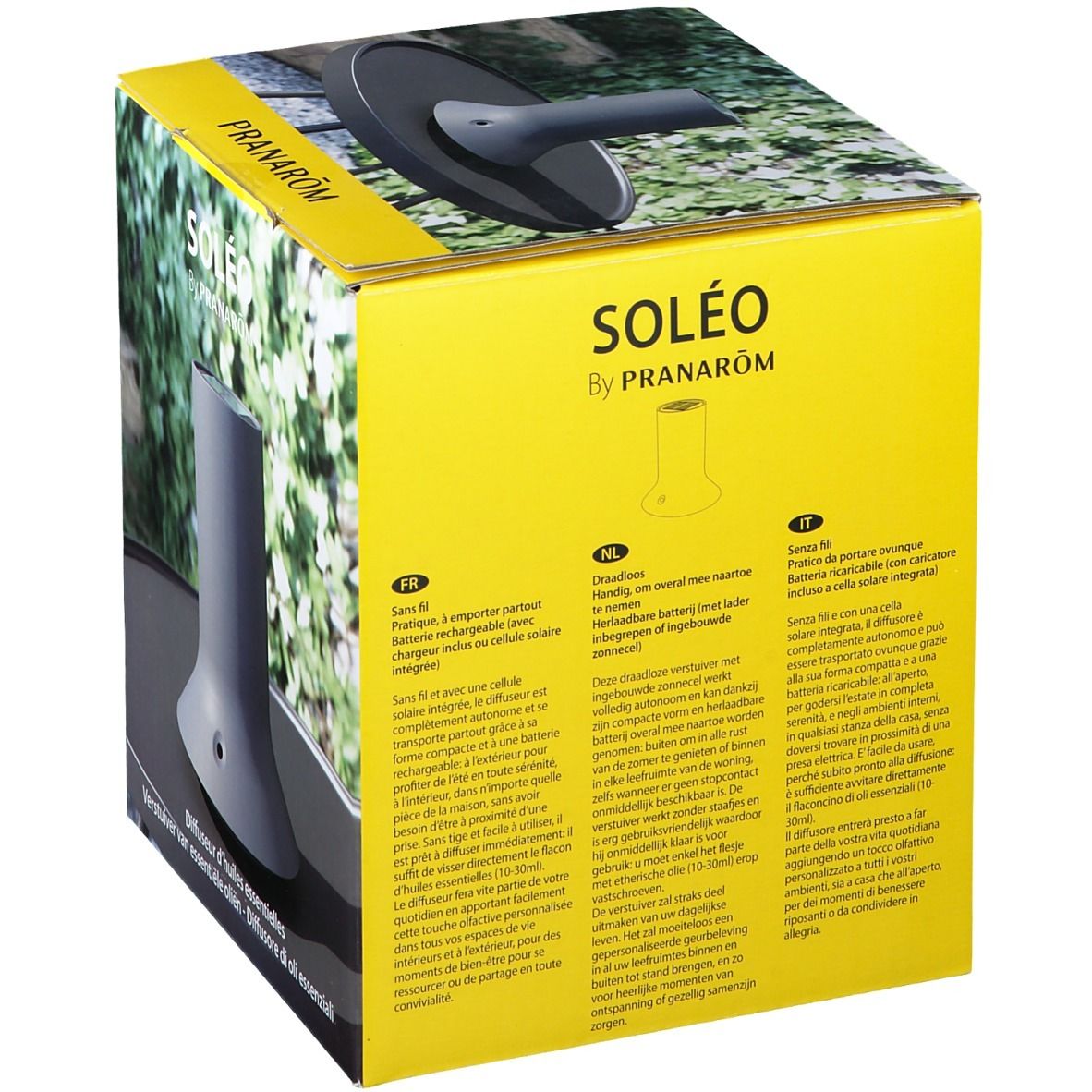 Verpakking met afbeelding van de diffuser. Tekst: SOLEO by PRANAROM. Teksten in het Frans, Duits, Nederlands en Italiaans.