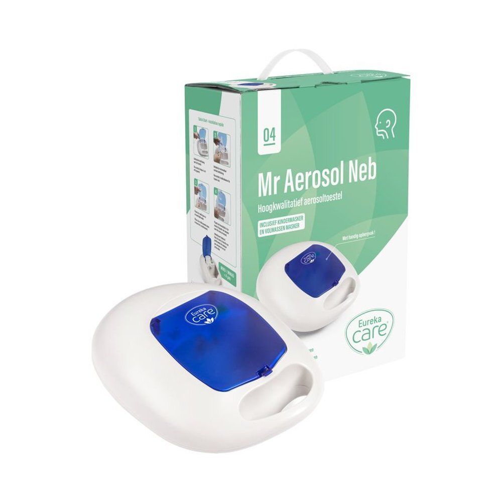 Wit, ovaal apparaat met blauw deksel. Verpakking met productnaam en logo.