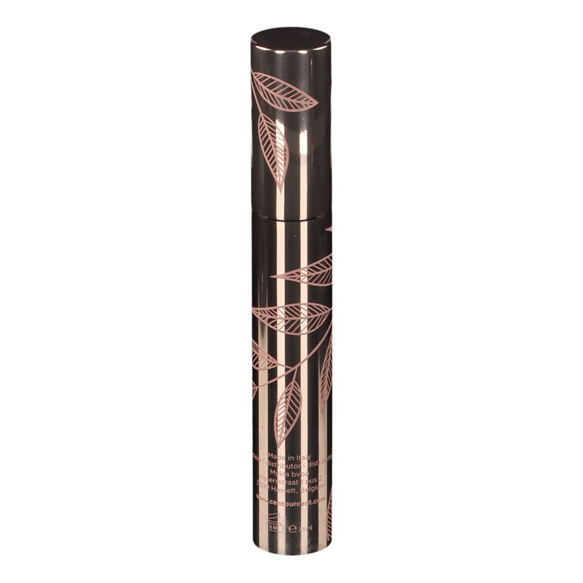Tube de mascara et emballage. Design rose doré avec feuilles. Texte: INSTANTLY, LE VOLUMINEUX.