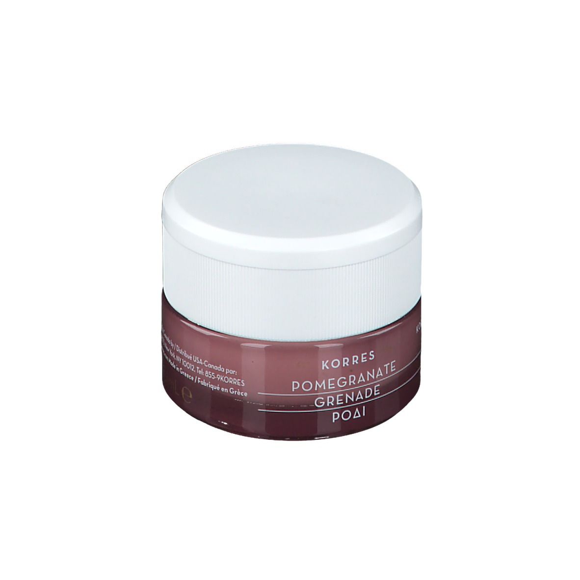 Pot rond avec couvercle blanc. En dessous, un récipient marron avec texte. Marque KORRES, nom du produit Pomegranate.