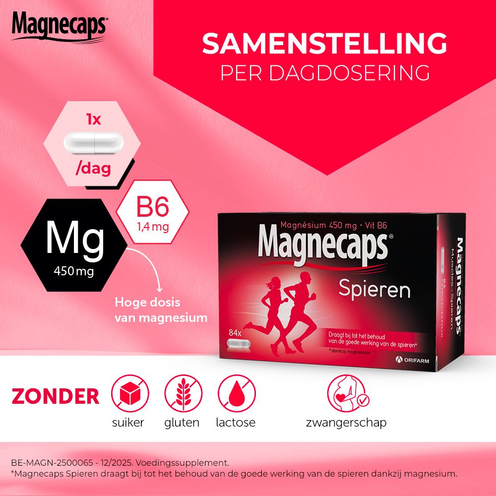 Doos Magnecaps Spieren. Bevat 112 capsules. Magnesium 450mg + Vit B6. Met +33% gratis.