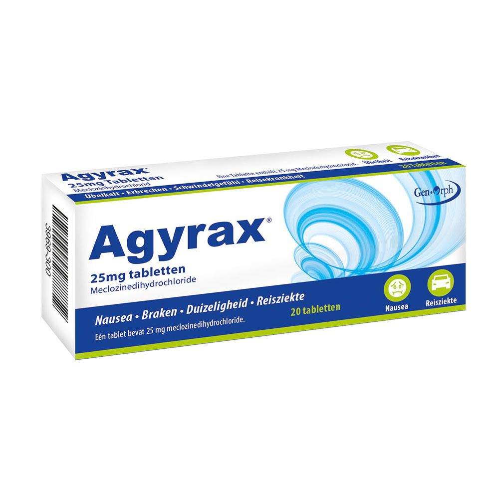 Agyrax 25 mg verpakking. Bevat 20 tabletten. Opschrift: Misselijkheid, Braken, Duizeligheid, Reisziekte.