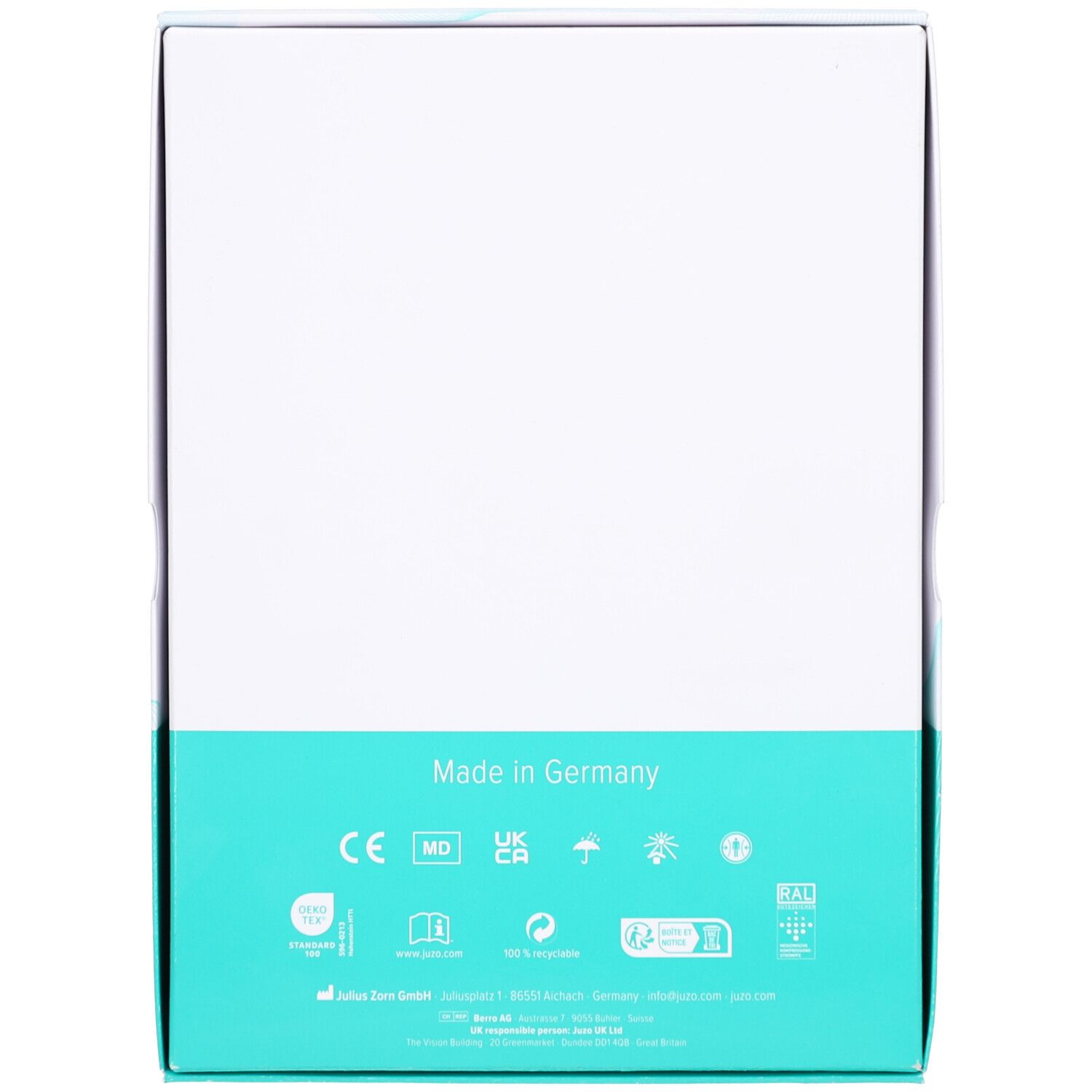 Dos de l'emballage avec « Made in Germany ». Couleurs turquoise et blanc. Plusieurs logos et certifications.