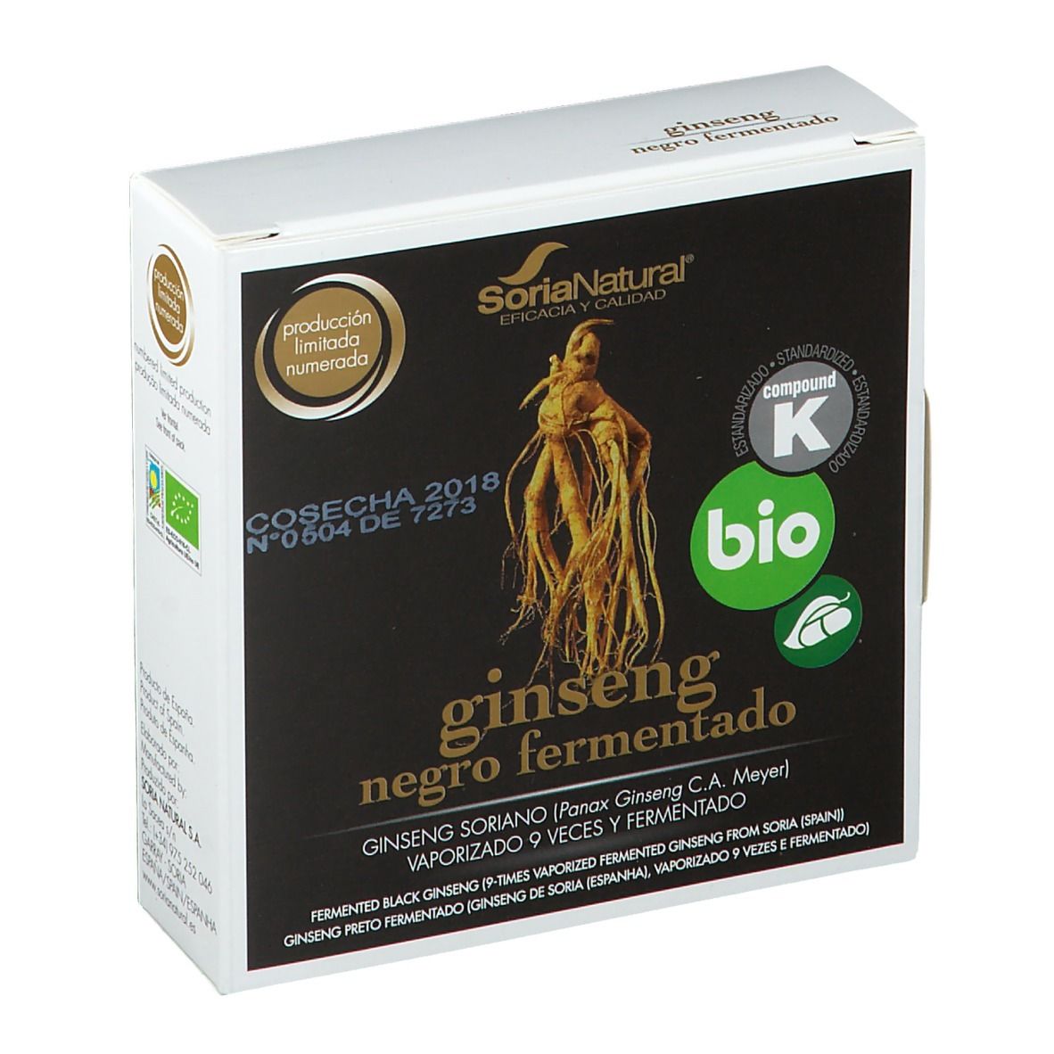 Kartonnen verpakking met productnaam en logo. Opschriften: Ginseng negro fermentado, Bio-label, Soria Natural.