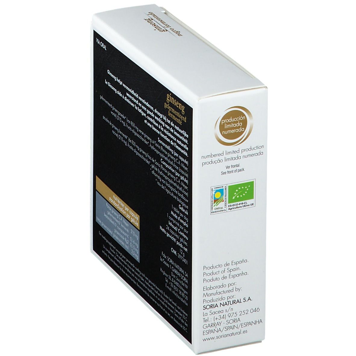 Kartonnen verpakking, schuin van achteren. Opschriften: Ginseng fermentado, Bio-label, Soria Natural.