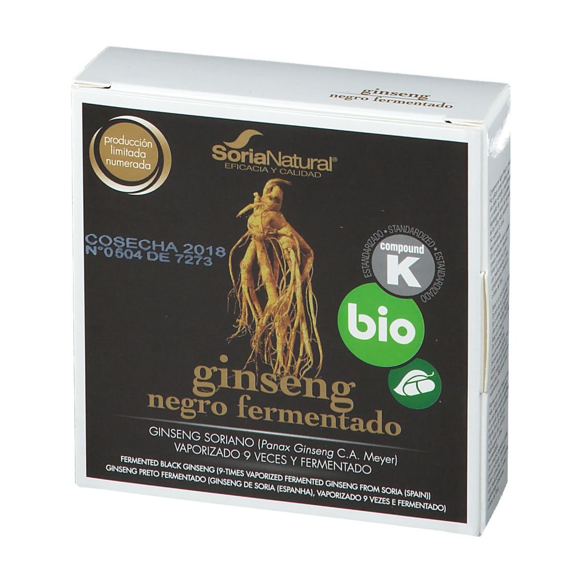 Kartonnen verpakking met productnaam en logo. Opschriften: Ginseng negro fermentado, Bio-label, Soria Natural.