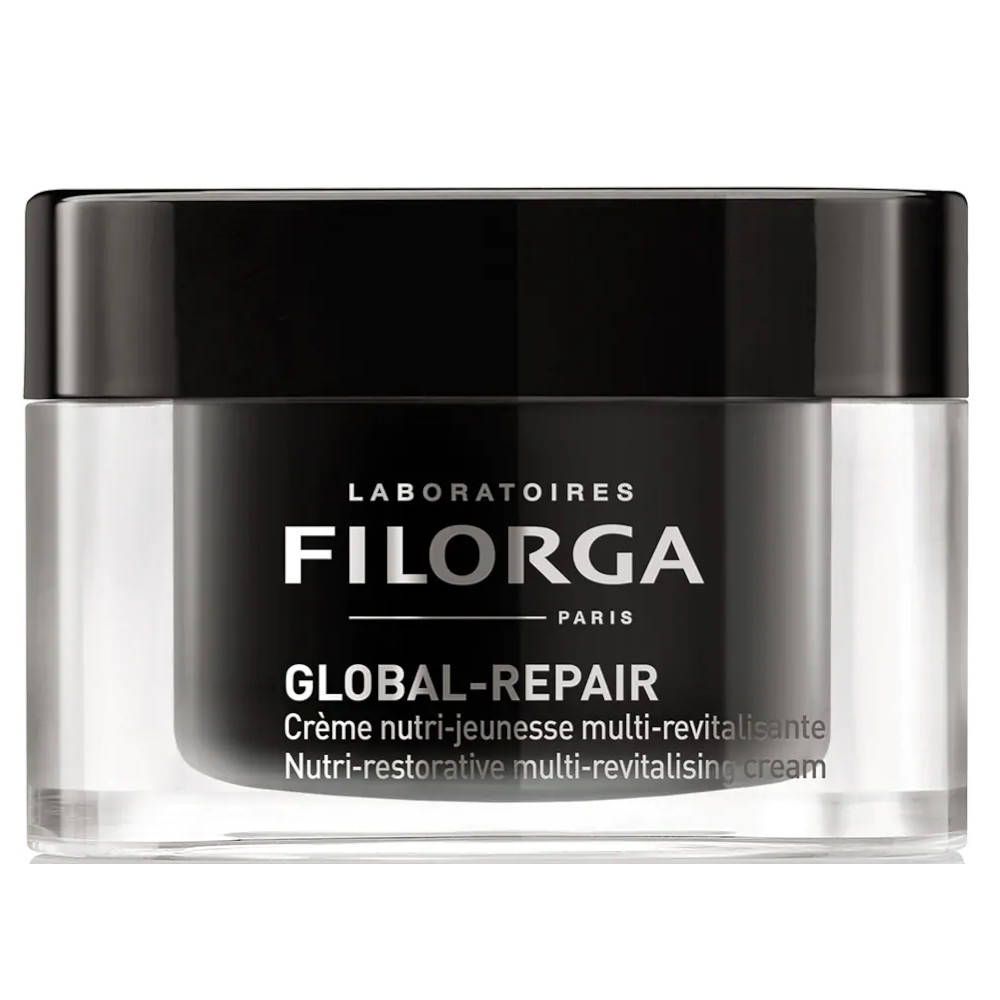 Crèmepot met zwarte deksel en transparante pot. Opschrift: Filorga Global-Repair. Multi-revitaliserende crème.