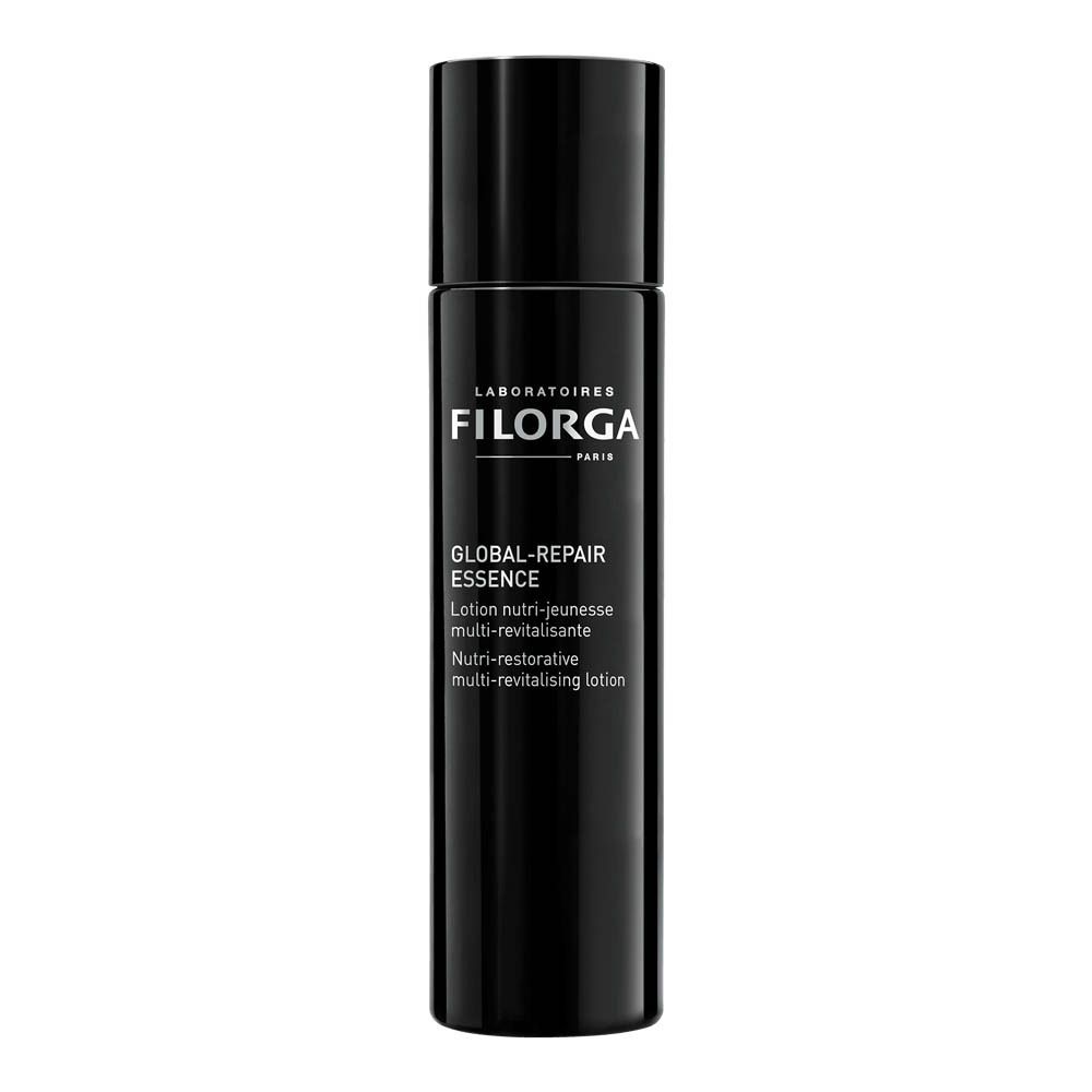 FILORGA Global-Repair Essence. Zwarte fles met wit etiket. Productnaam en informatie.