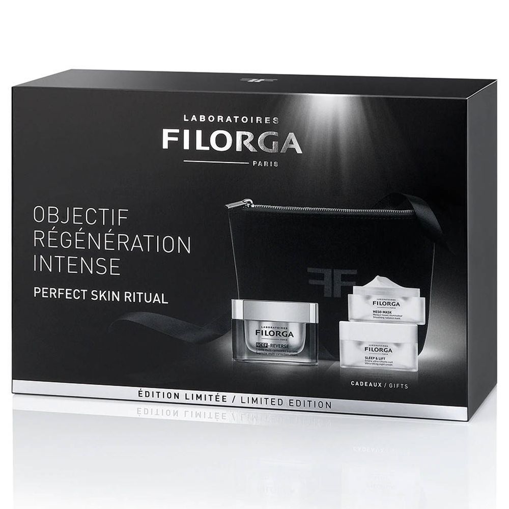 Zwarte geschenkdoos met cosmetica. Filorga-logo en tekst 'Objectif Régénération Intense' zichtbaar.