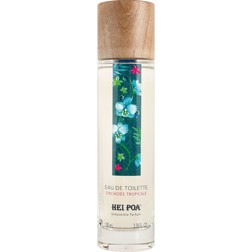 Cilindrische fles met houten dop. Etiket met bloemmotief. Tekst: HEI POA, EAU DE TOILETTE, Orchidée Tropicale.