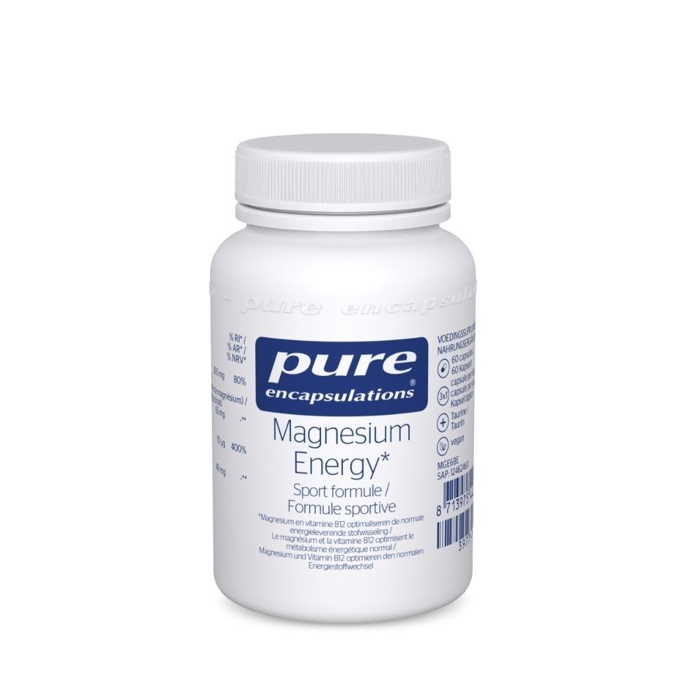 Witte fles met capsules. Opschrift: pure encapsulations, Magnesium Energy. Sportformule.