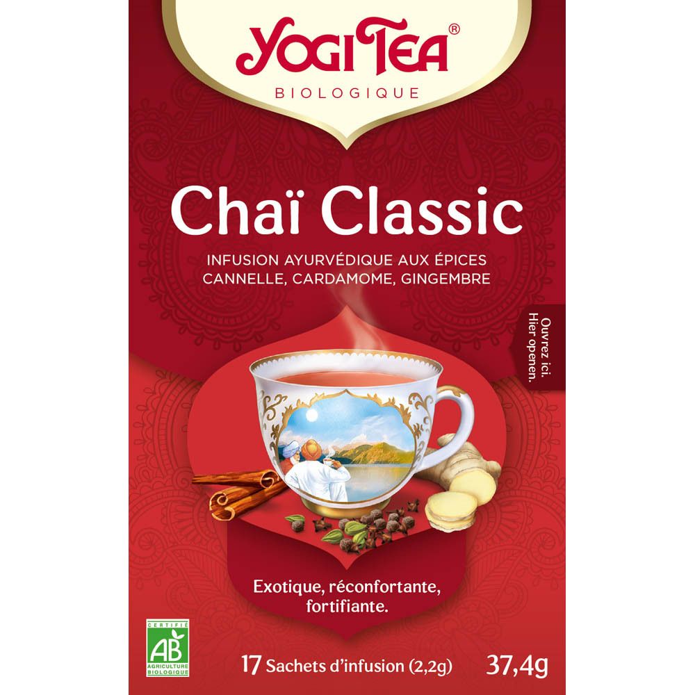 Boîte rouge Yogi Tea® Chai Classic. Inscription: Chai Classic, mélange ayurvédique d'épices. 17 sachets.