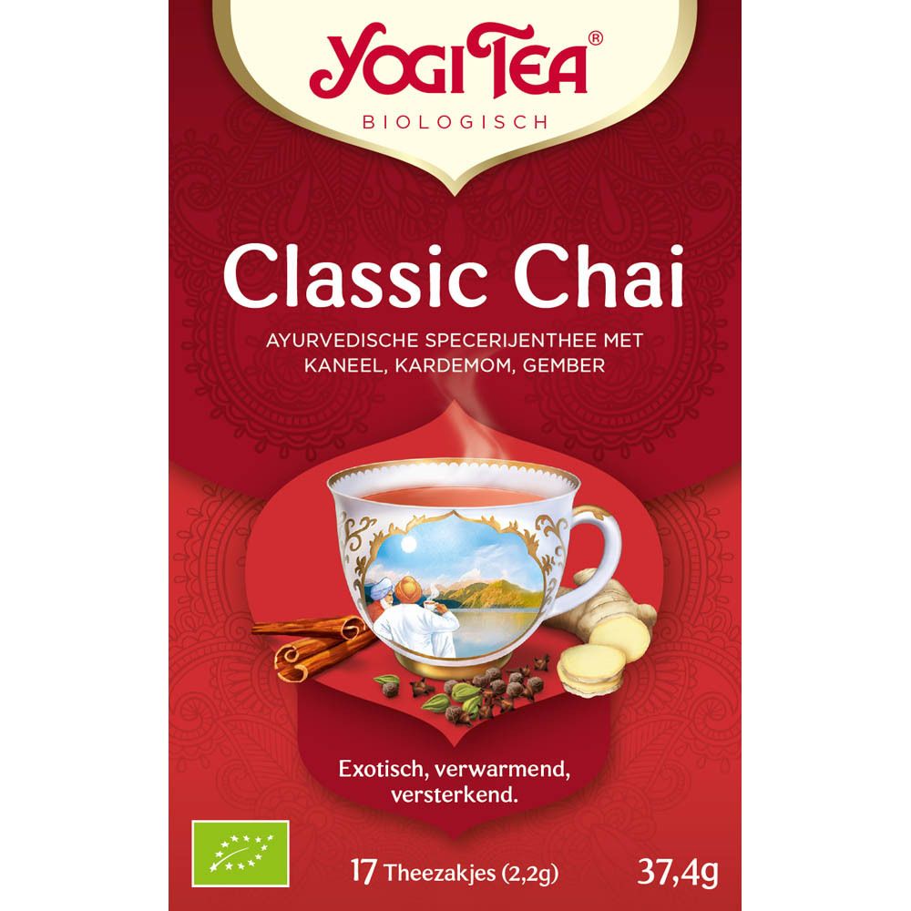 Rode Yogi Tea® Classic Chai verpakking. Opschrift: Classic Chai, ayurvedische kruidenmix. 17 theezakjes.