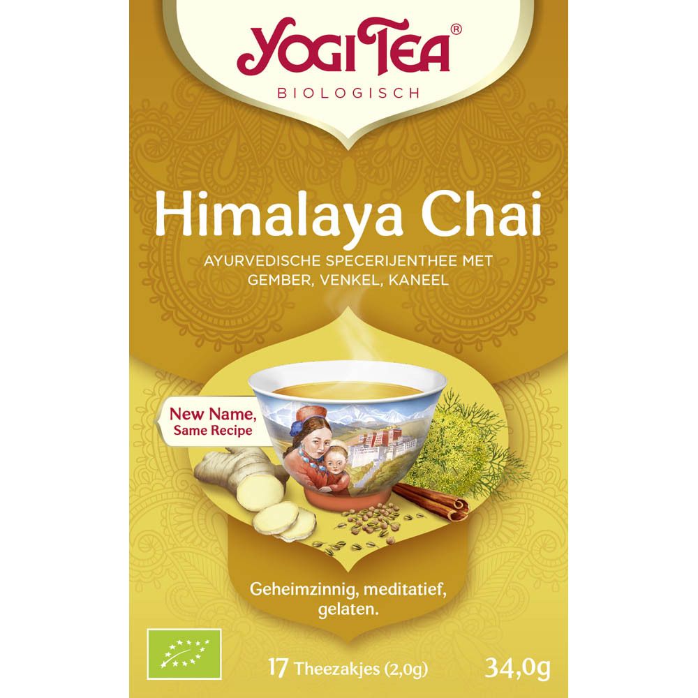 Yogi Tea® Himalaya Chai doos. 17 theezakjes. Biologisch keurmerk. Productafbeelding en ingrediënten op voorzijde.