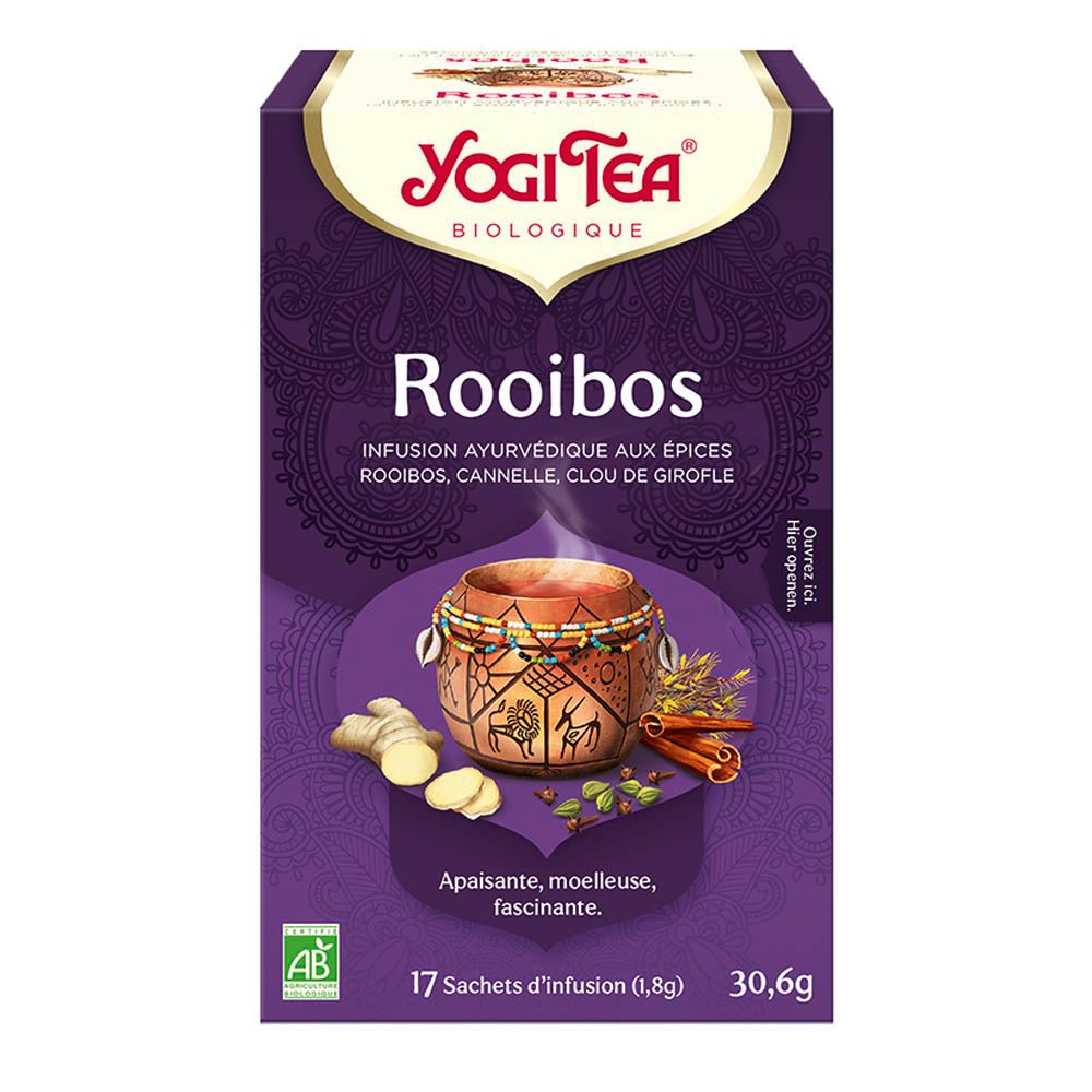 Yogi Tea® Rooibos-verpakking. Paarse doos met productnaam en ingrediënten. 17 zakjes, 30,6g. AB Bio-keurmerk.