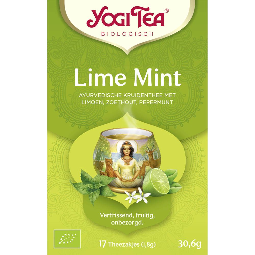 Yogi Tea® doos Lime Mint. 17 theezakjes. Bio-label. Illustratie van kruiden en een kopje thee.