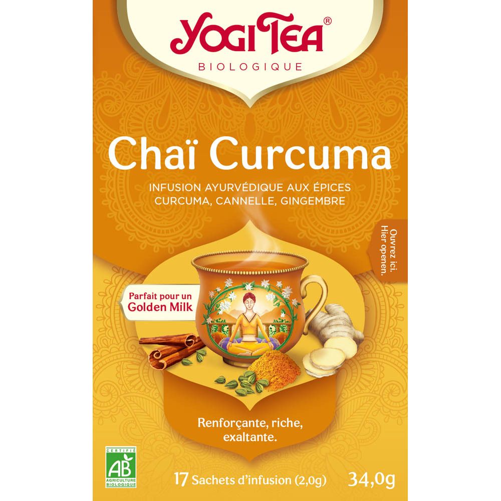 Boîte de Yogi Tea® Chai Curcuma. Inscriptions : Chai Curcuma, 17 sachets, label bio, illustrations d'ingrédients.