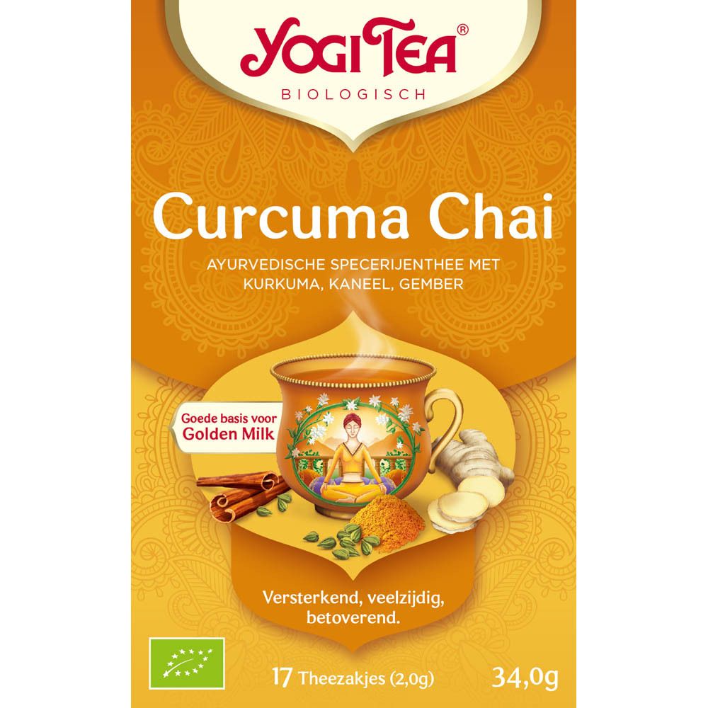Verpakking van Yogi Tea® Curcuma Chai. Opschriften: Curcuma Chai, 17 zakjes, bio-label, illustraties van ingrediënten.
