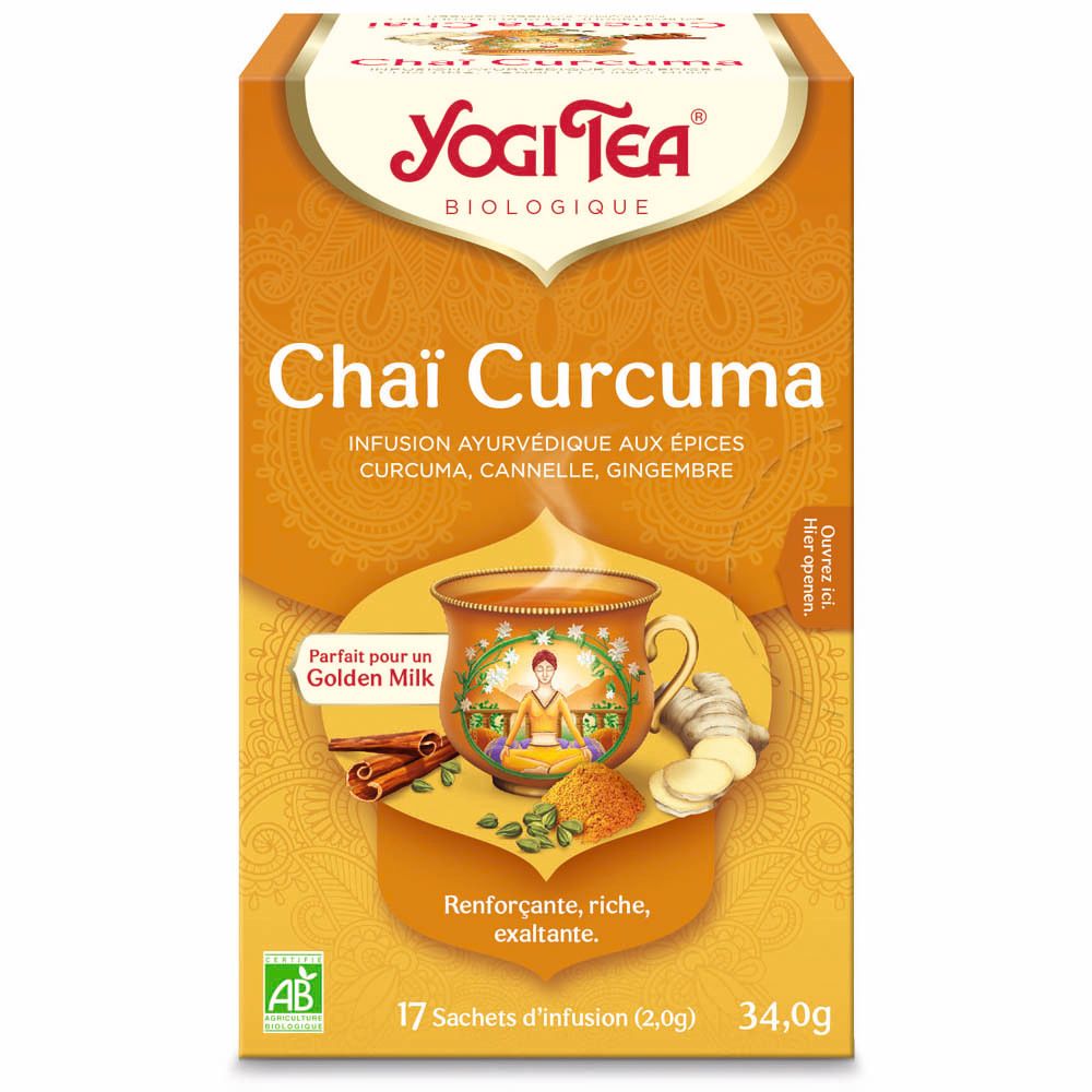 Boîte de Yogi Tea® Chai Curcuma. Inscriptions : Chai Curcuma, 17 sachets, label bio, illustrations d'ingrédients.