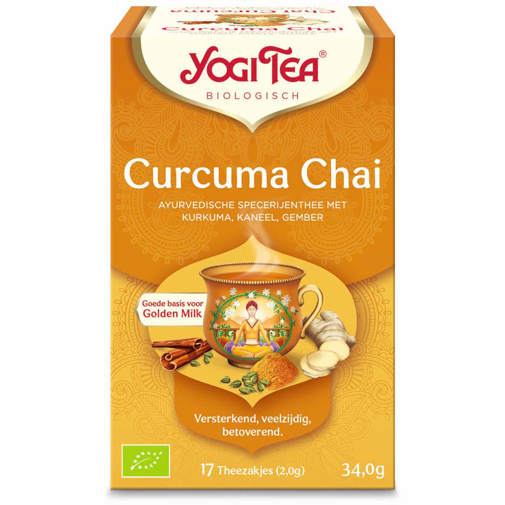 Verpakking van Yogi Tea® Curcuma Chai. Opschriften: Curcuma Chai, 17 zakjes, bio-label, illustraties van ingrediënten.