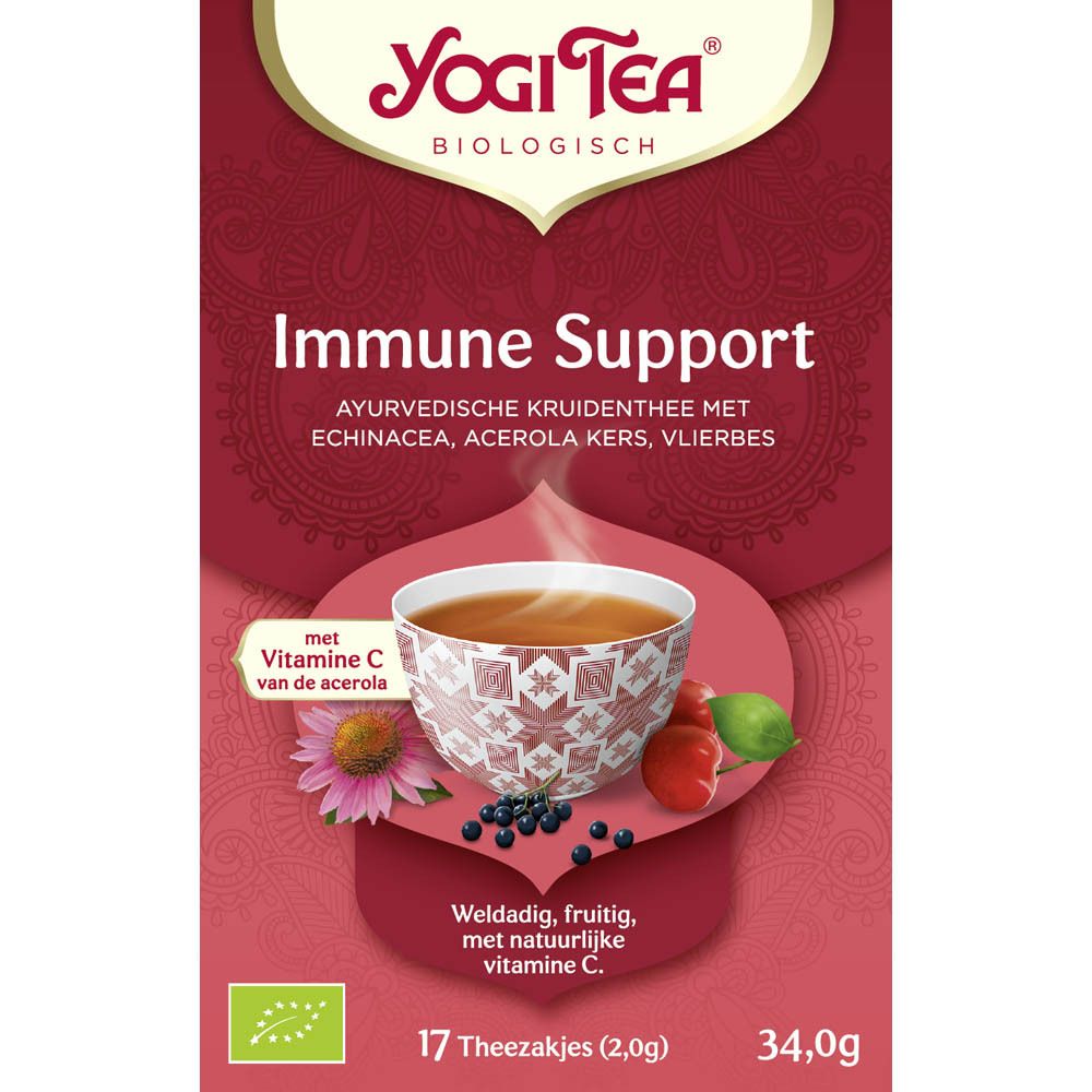 Rode Yogi Tea® doos. Opschrift: Immune Support, kruideninfusie. 17 theezakjes. Met vitamine C.
