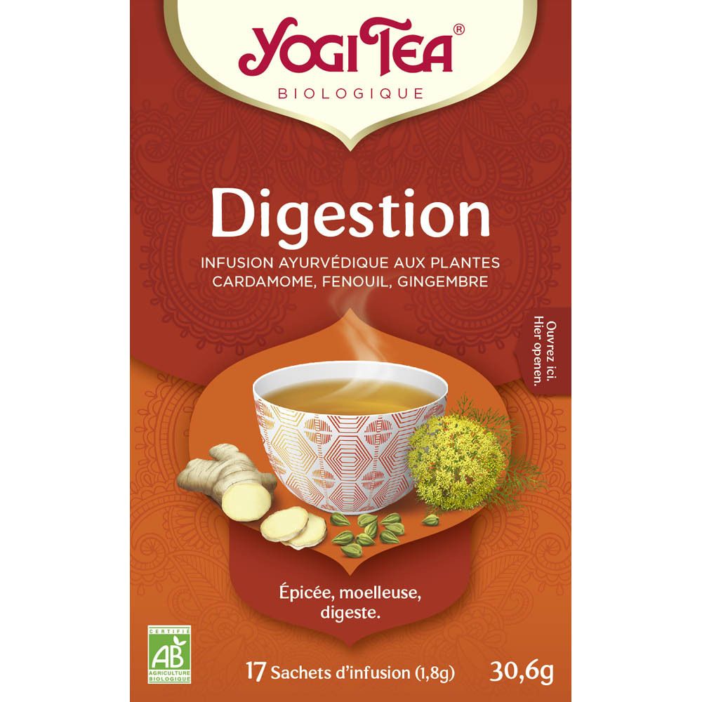 Boîte de thé Yogi Tea® Digestion. 17 sachets. Ingrédients: cardamome, fenouil, gingembre. Label AB.