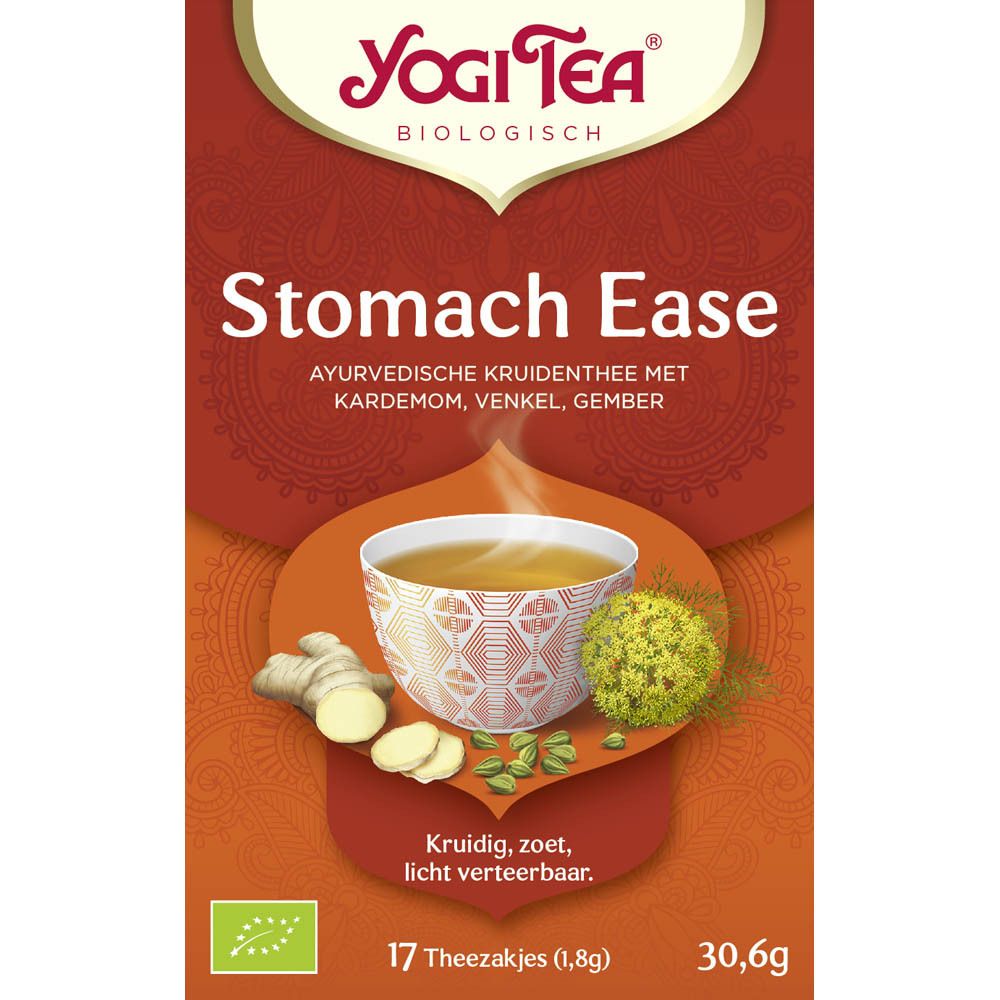 Yogi Tea® Stomach Ease. Kruidenthee verpakking met 17 zakjes. Ingrediënten: kardemom, venkel, gember. Bio-keurmerk.