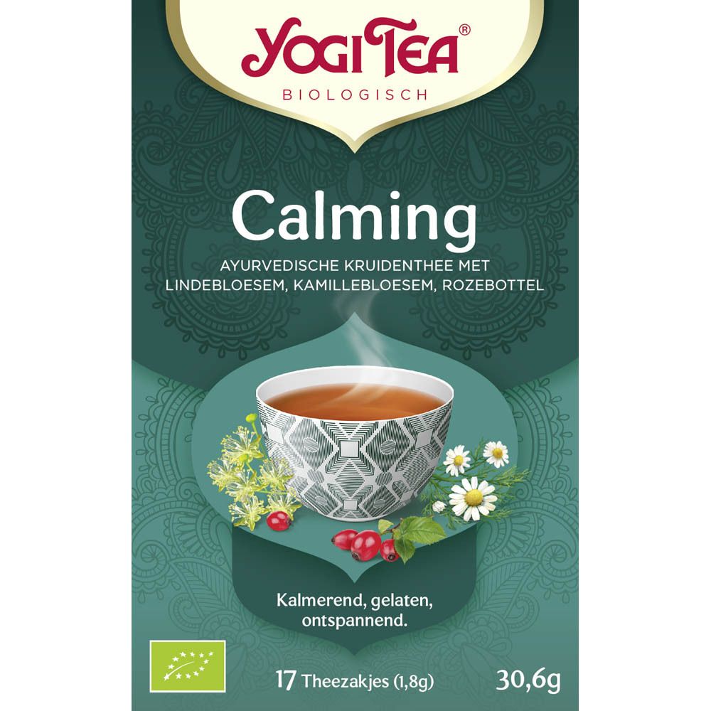 Yogi Tea® Calming theedoos. Bloemenontwerp. 17 zakjes. Tekst: Calming, ayurvedische kruidenthee.