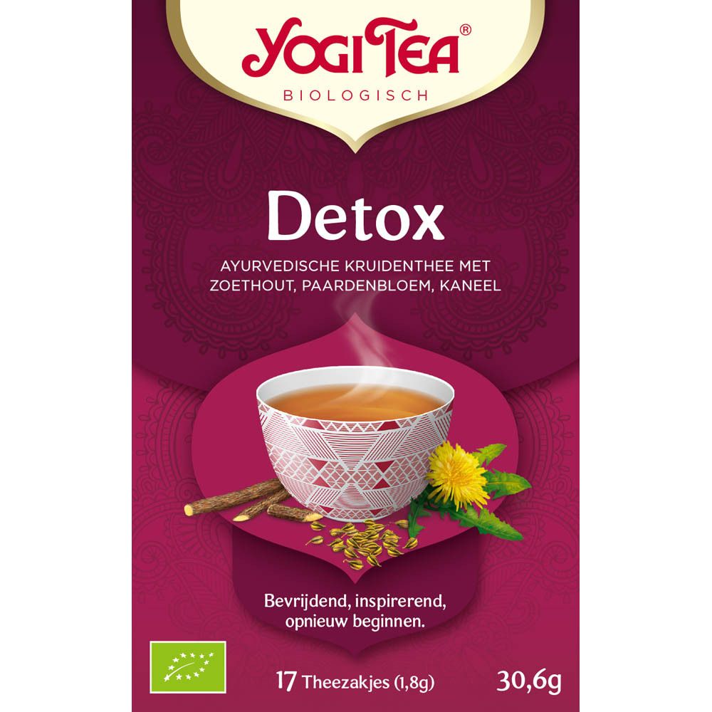 Yogi Tea® Detox doos. Opschrift: Detox, 17 theezakjes, 30,6g. Illustratie van een theekopje en kruiden.